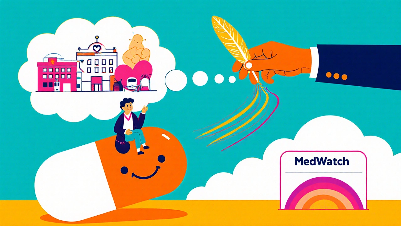 A patient on a smiling pill with a thought bubble of health events, as a golden feather report flows to a MedWatch portal.