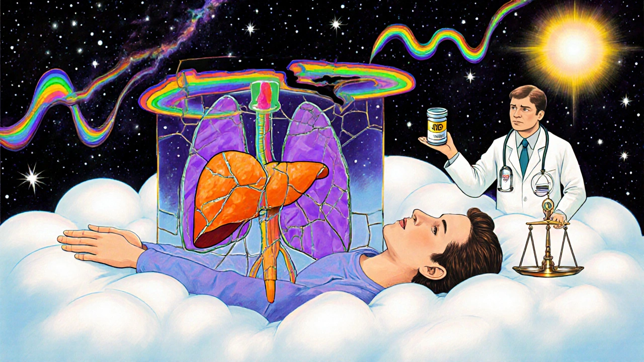 A patient with a stained-glass liver leaking toxic metabolites into brain and lungs, balanced by safer medications.