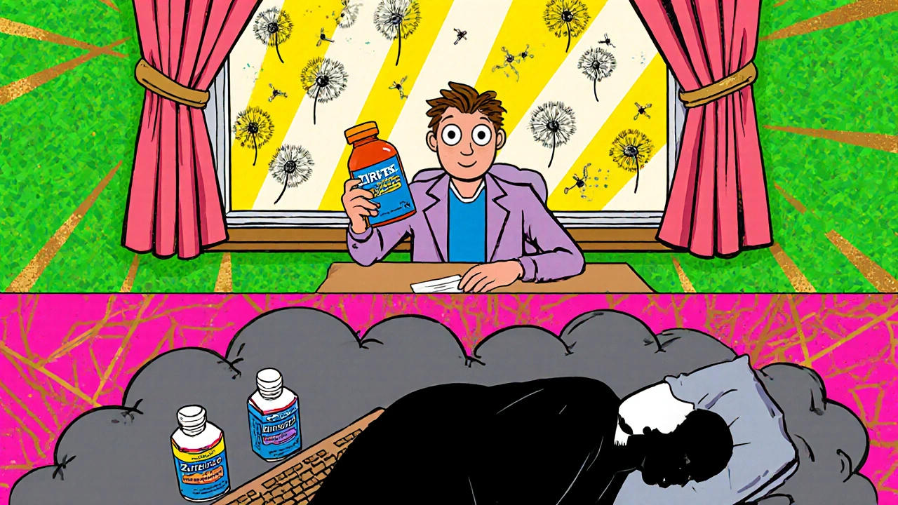 A person alert at a desk with Zyrtec, while a sleepy figure lies nearby, all in vibrant Peter Max-style colors.