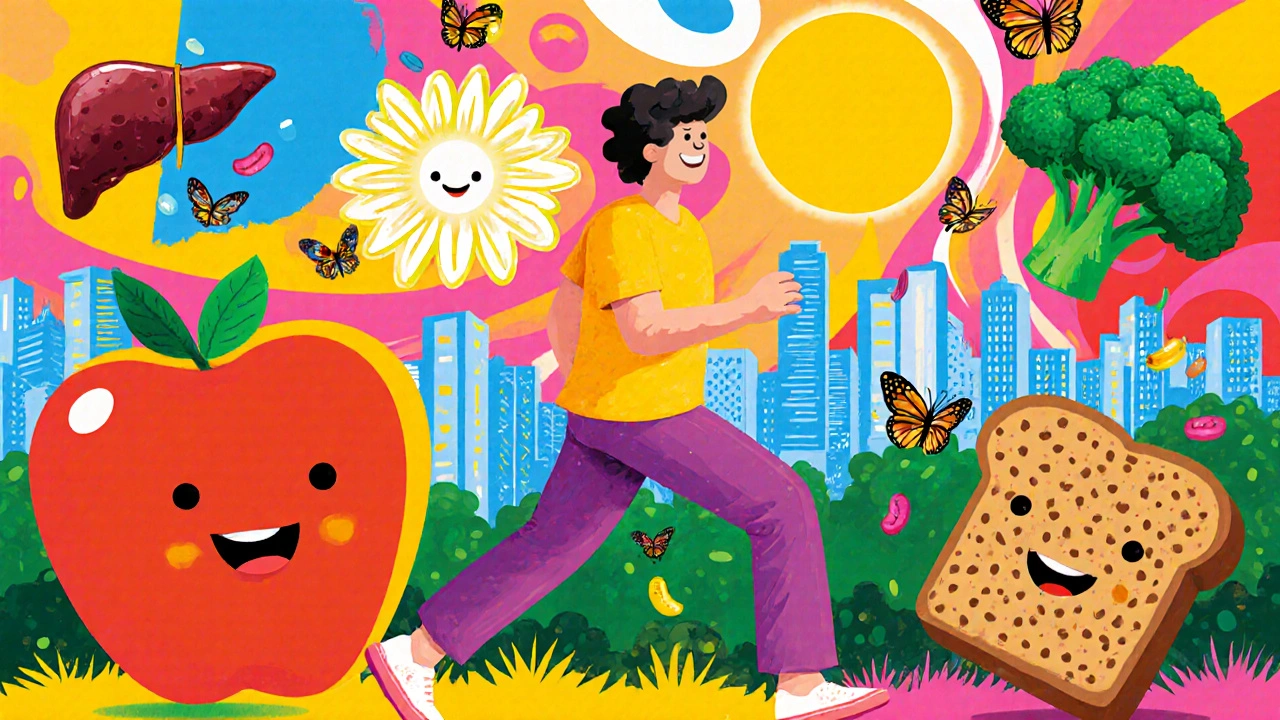 A person walking in a vibrant park as healthy foods float around them and fat cells turn into butterflies.