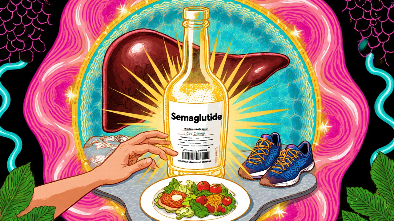 A semaglutide bottle beside Mediterranean food and shoes, with a liver transforming from damaged to healthy.