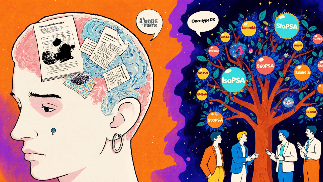 A split brain illustrating anxiety vs. calm decisions with genomic and dialogue symbols.