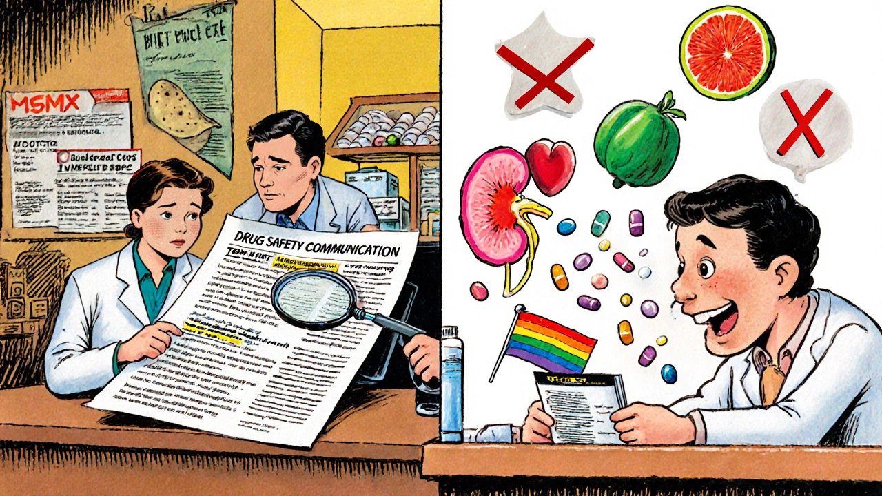 A split pharmacy scene showing calm discussion of FDA alerts versus panic, with glowing warnings and a rainbow Medication Guide.
