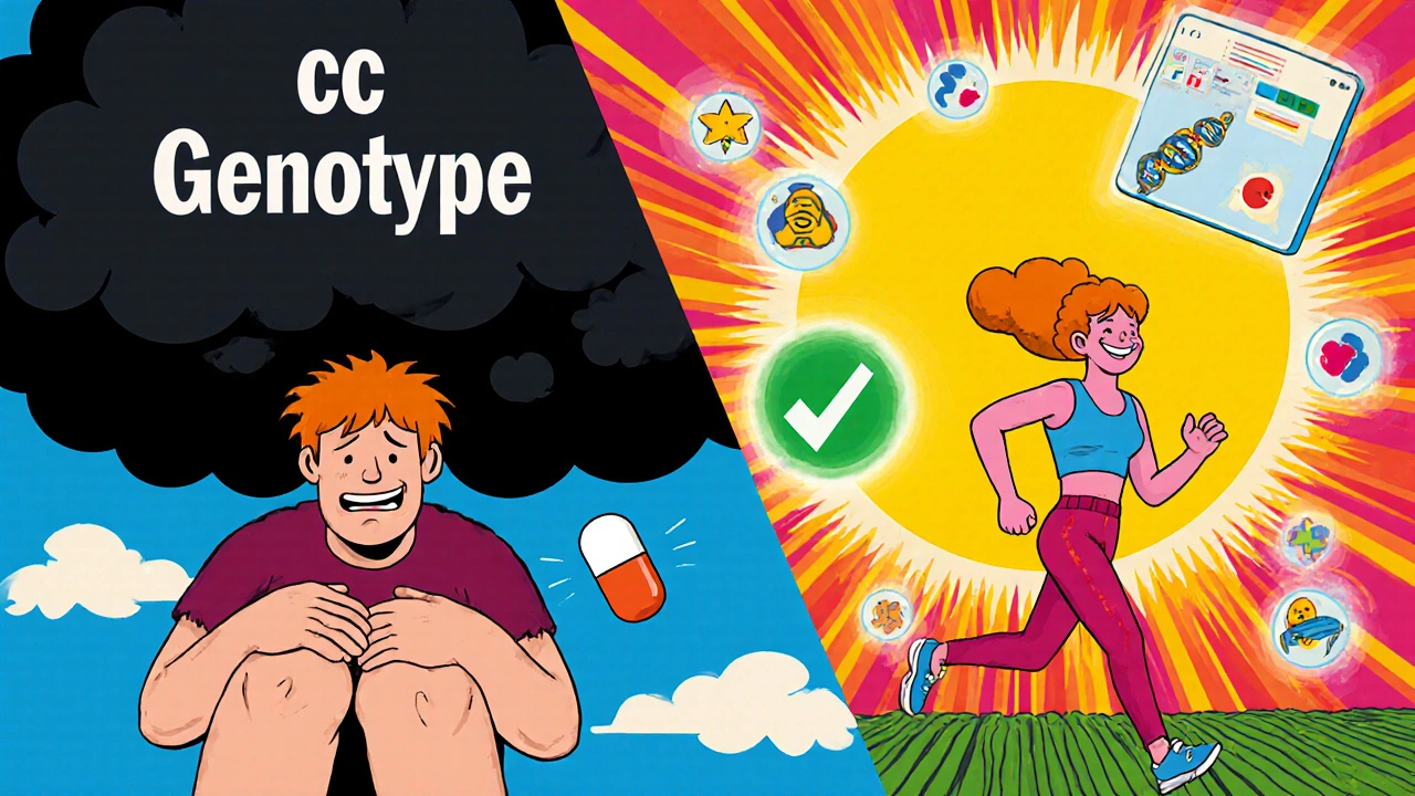 A split scene: one side shows pain from a genetic variant, the other shows relief with pravastatin and sunburst.