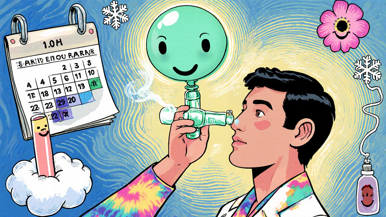 A surreal medical scene with a doctor using a balloon tool to open a glowing Eustachian tube, surrounded by floating sprays and steam clouds.