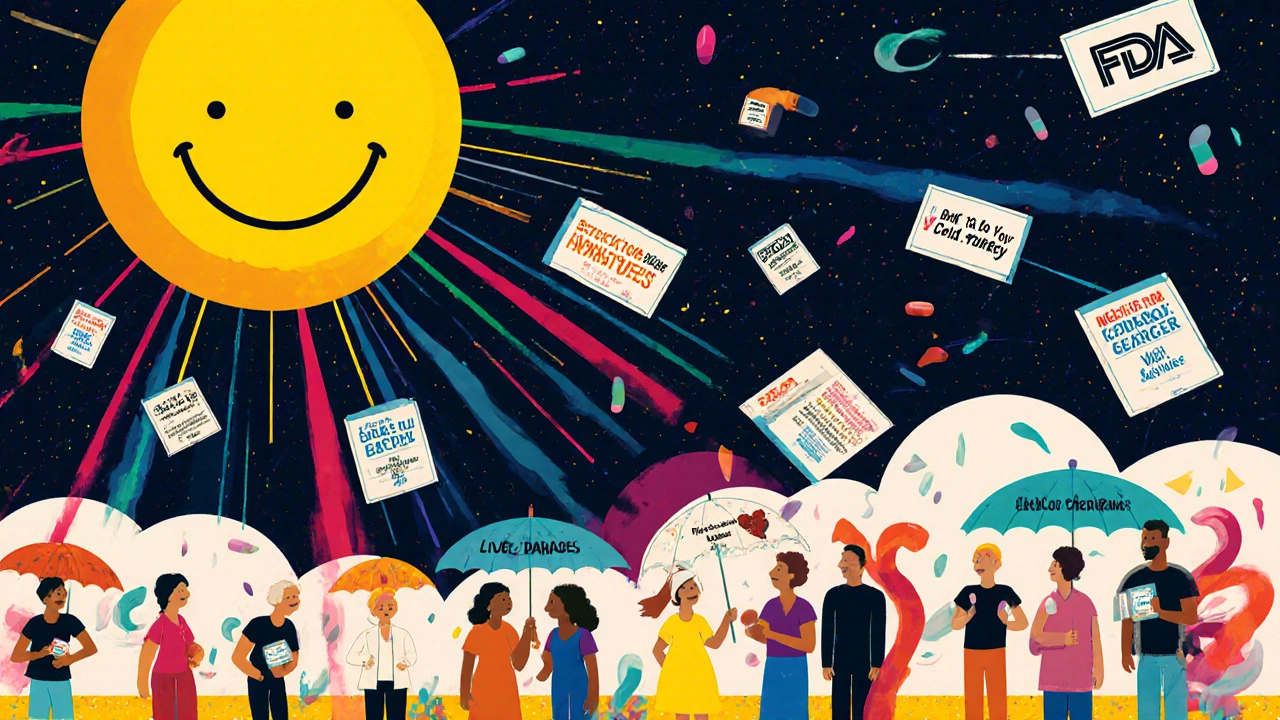 A surreal sky with an FDA sun radiating colored light to people holding Medication Guide umbrellas, deflecting abstract risks.