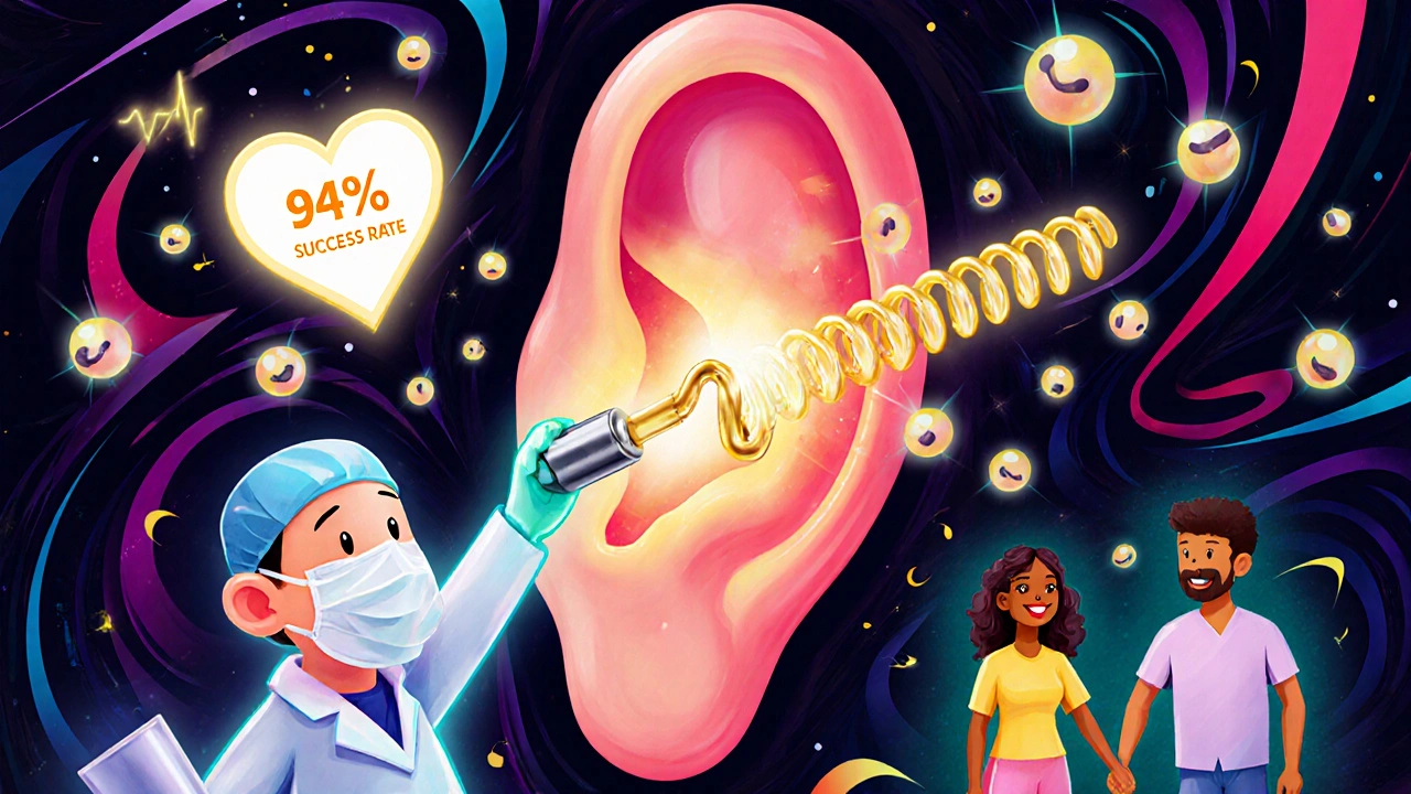 A tiny surgeon inserts a golden prosthesis into an ear, with happy sound particles and a 94% success symbol glowing.