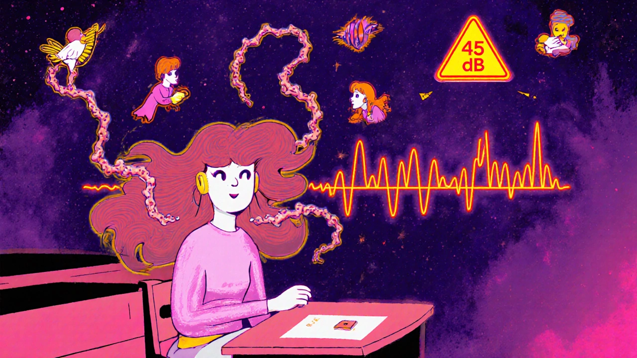 A woman in a classroom with sound waves blocked by calcified bone vines, while high pitches flow freely.