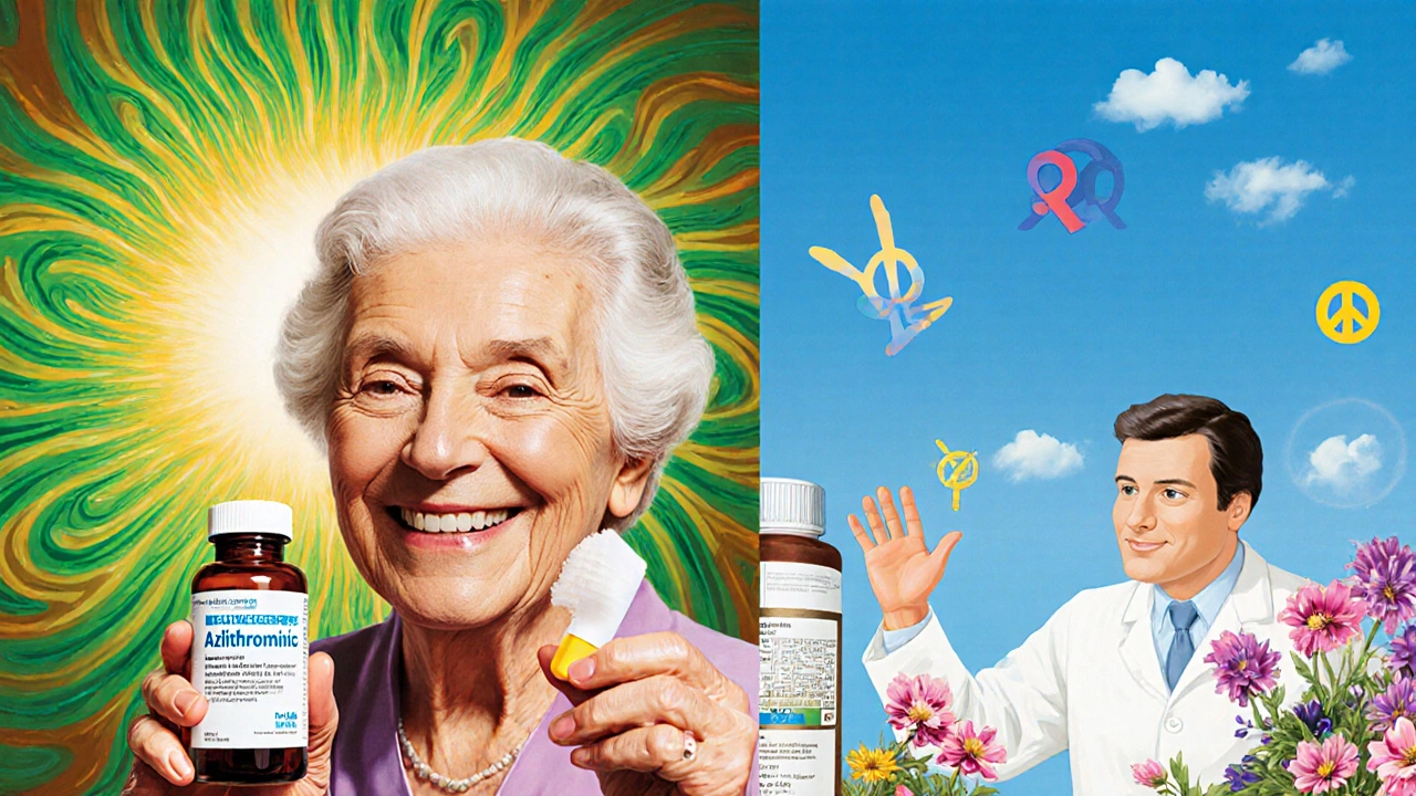 A woman smiling with azithromycin beside her blood pressure pill, surrounded by calming light and positive symbols.