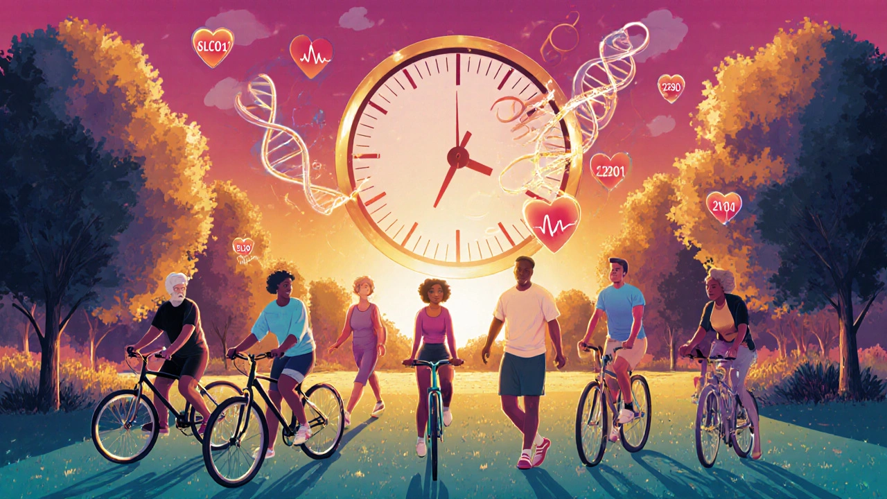 Diverse group exercising in a park with glowing bodies, DNA helixes, and heart icons under a futuristic sunset.