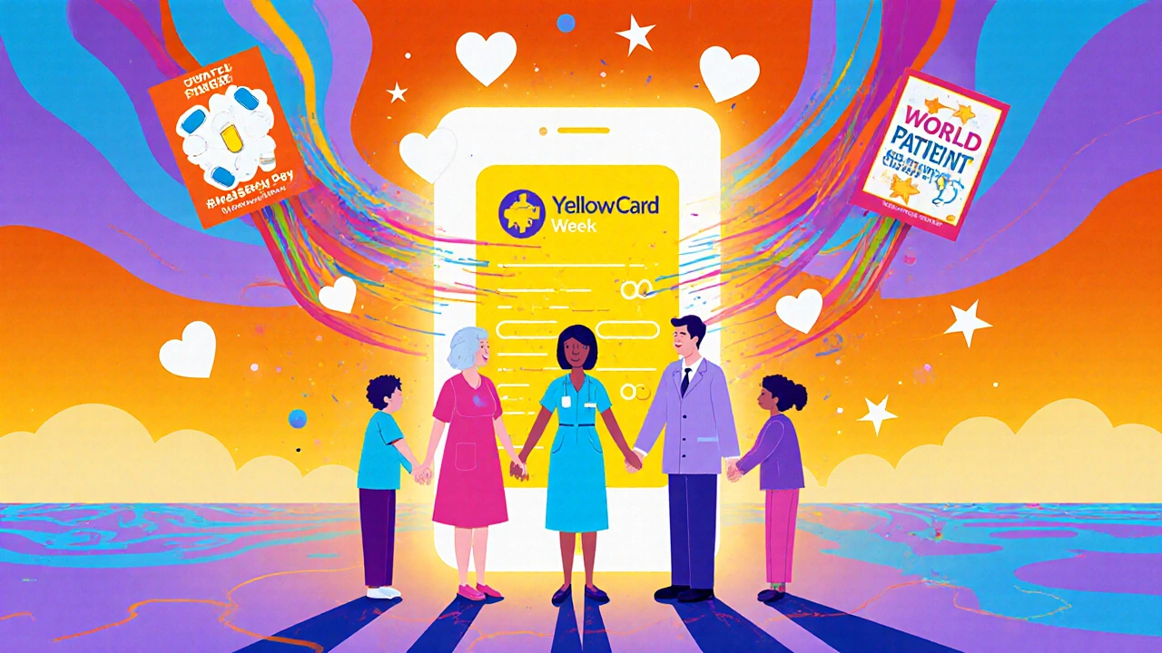 Diverse people holding hands around a glowing Yellow Card app, with floating safety campaign posters in vibrant patterns.