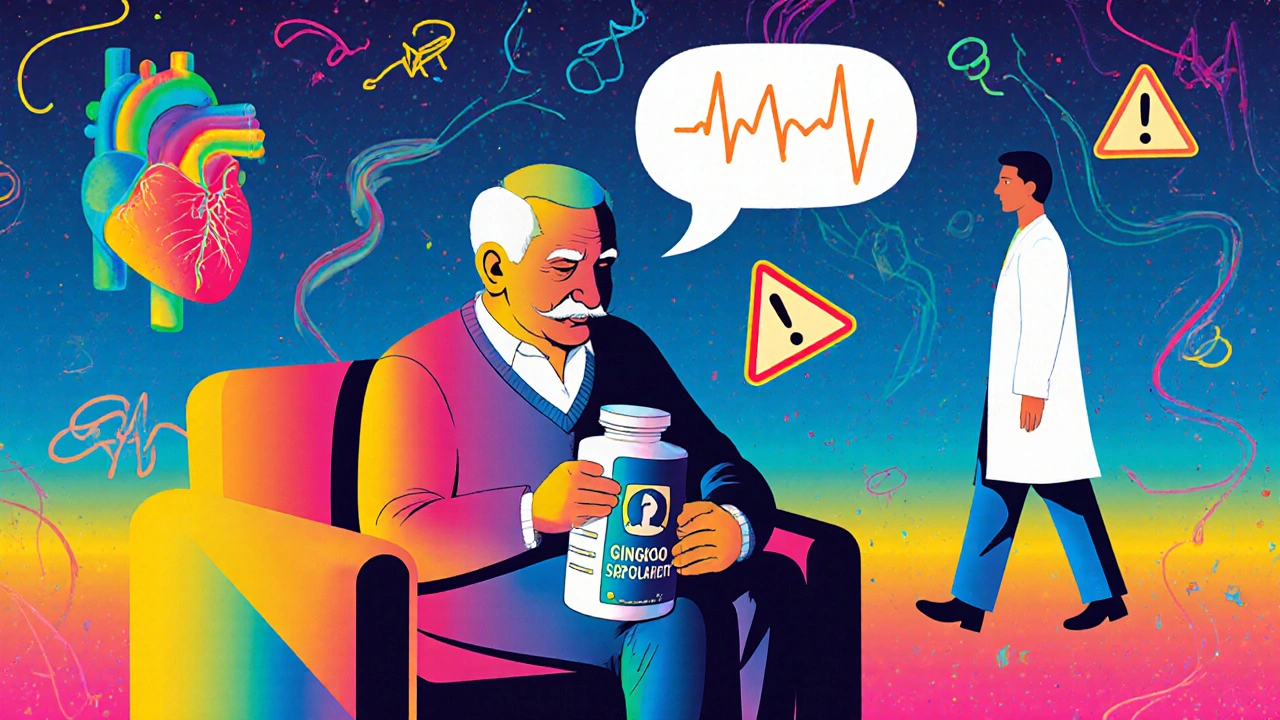 Elderly man with shadow showing bleeding heart and transplant symbol, surrounded by medical warning icons.