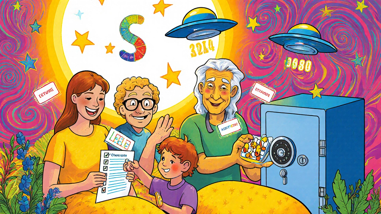 Family organizing meds in a lockbox, elderly person using combo lock, smart safe with floating notifications.