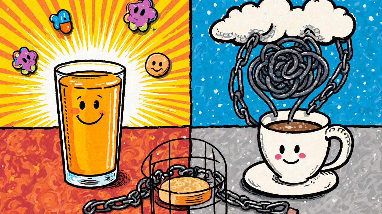 Iron pill absorbed by orange juice while milk and coffee block it in a colorful breakfast scene.