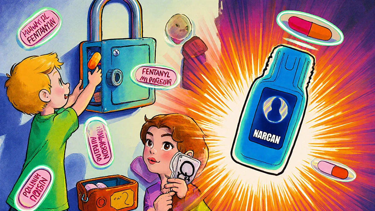 Locked safe with child reaching up and teen stealing pills, glowing warning pills nearby, Narcan visible.