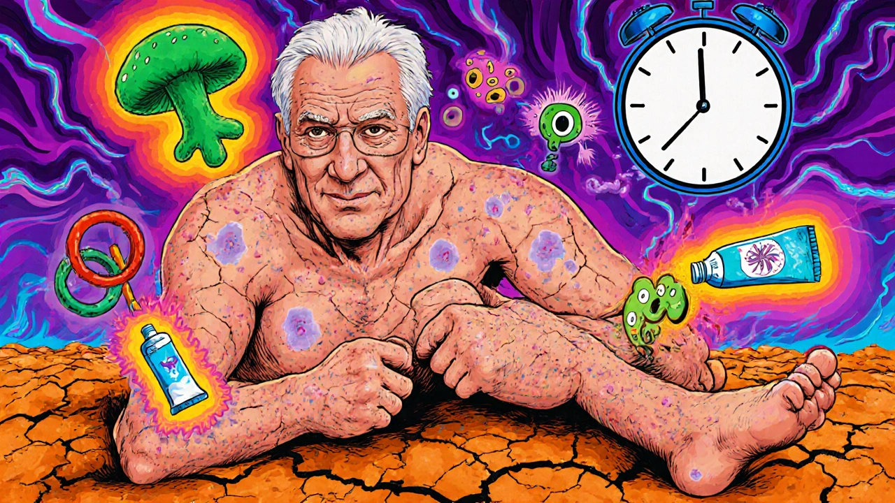 Man with cracked skin and cartoon infections emerging, surrounded by moisturizers and a time clock.