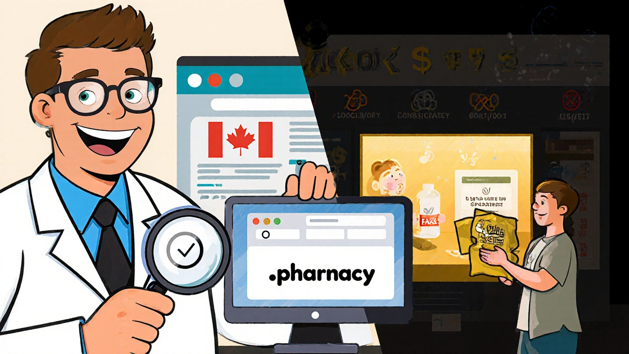 Pharmacist verifying a .pharmacy website while contrasting safe and scam online pharmacies.