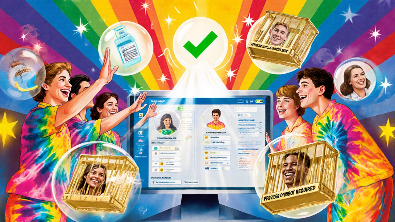 Pharmacy team celebrating automated safe refills with glowing approvals and locked controlled substances.