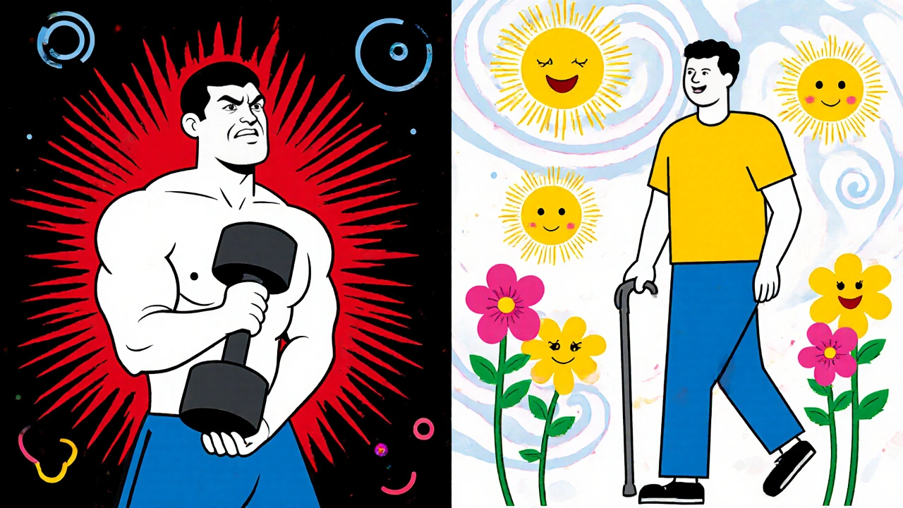 Split scene: one person struggling with heavy weights, another walking peacefully with flower-shaped statin pills.