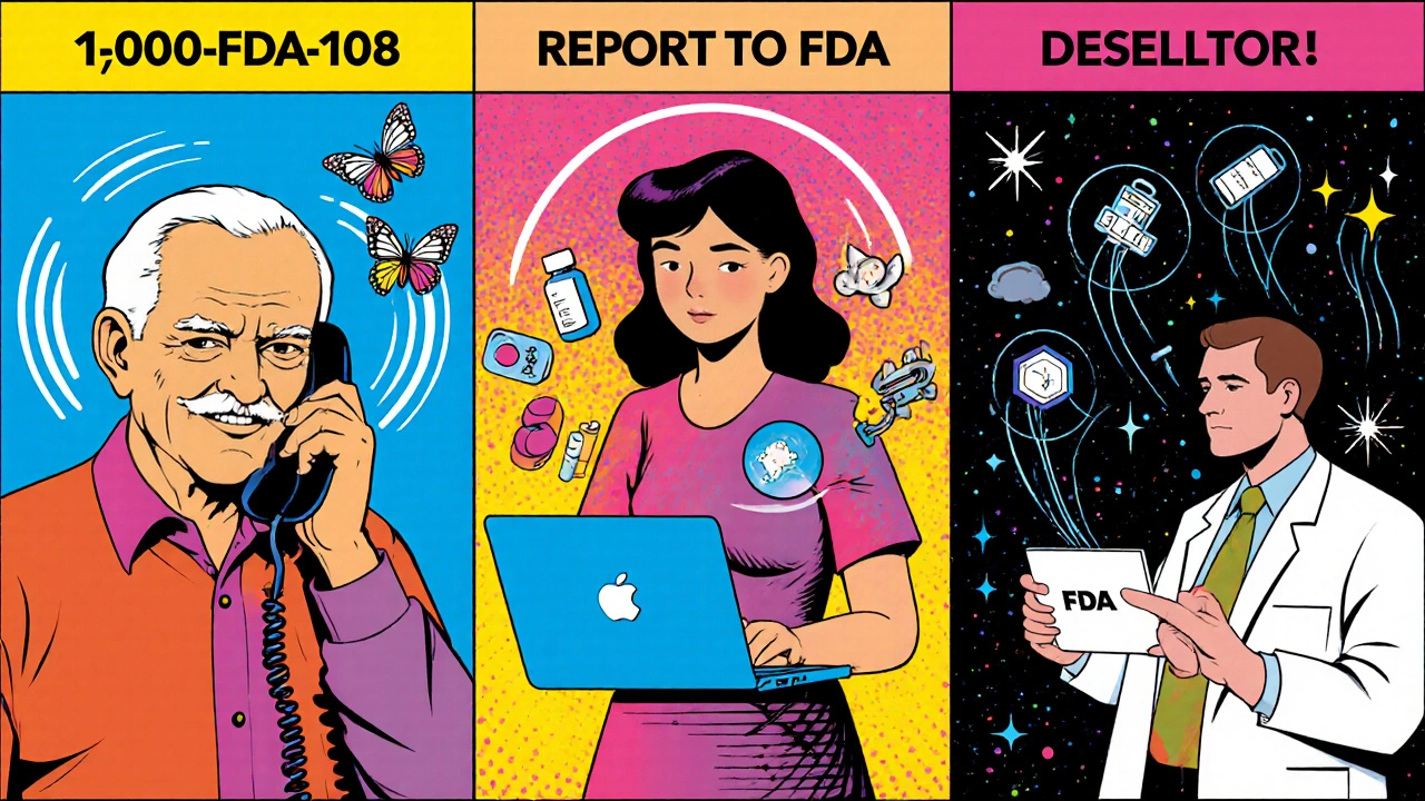 Three panels showing phone reporting, online submission, and doctor action with floating medical icons in vibrant cosmic colors.
