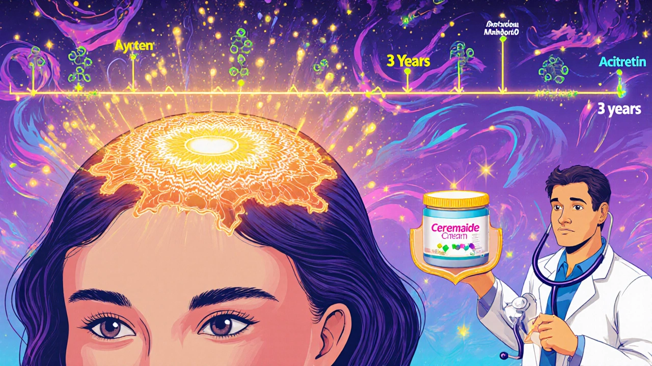 Woman&#039;s scalp with glowing fungal mandala and acitretin timeline, protected by ceramide cream.