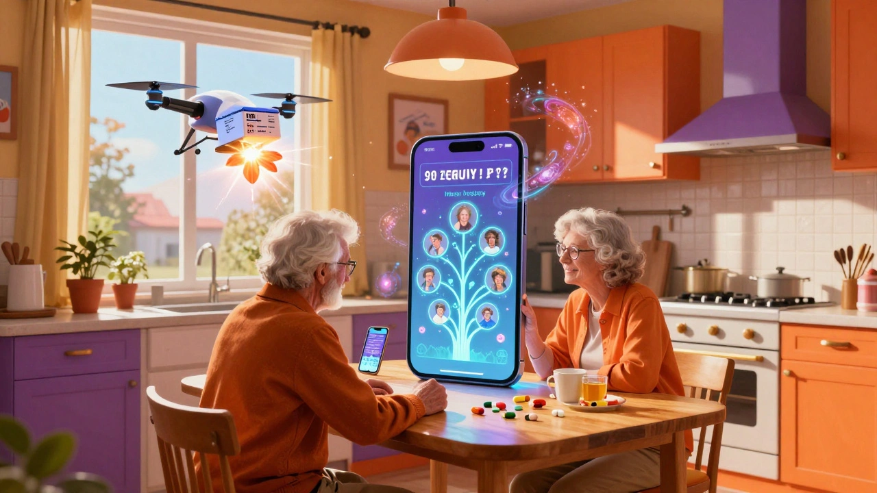 A caregiver and elder at a kitchen table surrounded by spinning holographic pills and a family-linked medication alert tree.