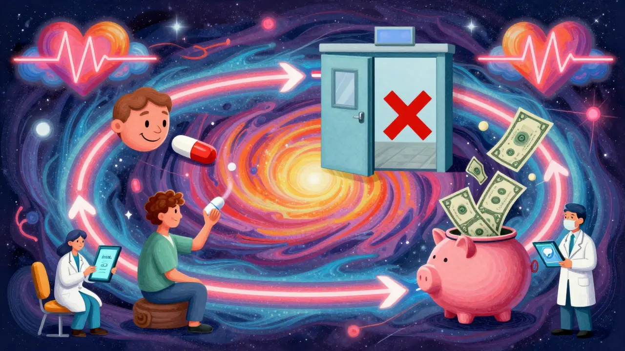 A circular diagram showing how cheap generics lead to better health and lower costs, rendered in swirling psychedelic colors.