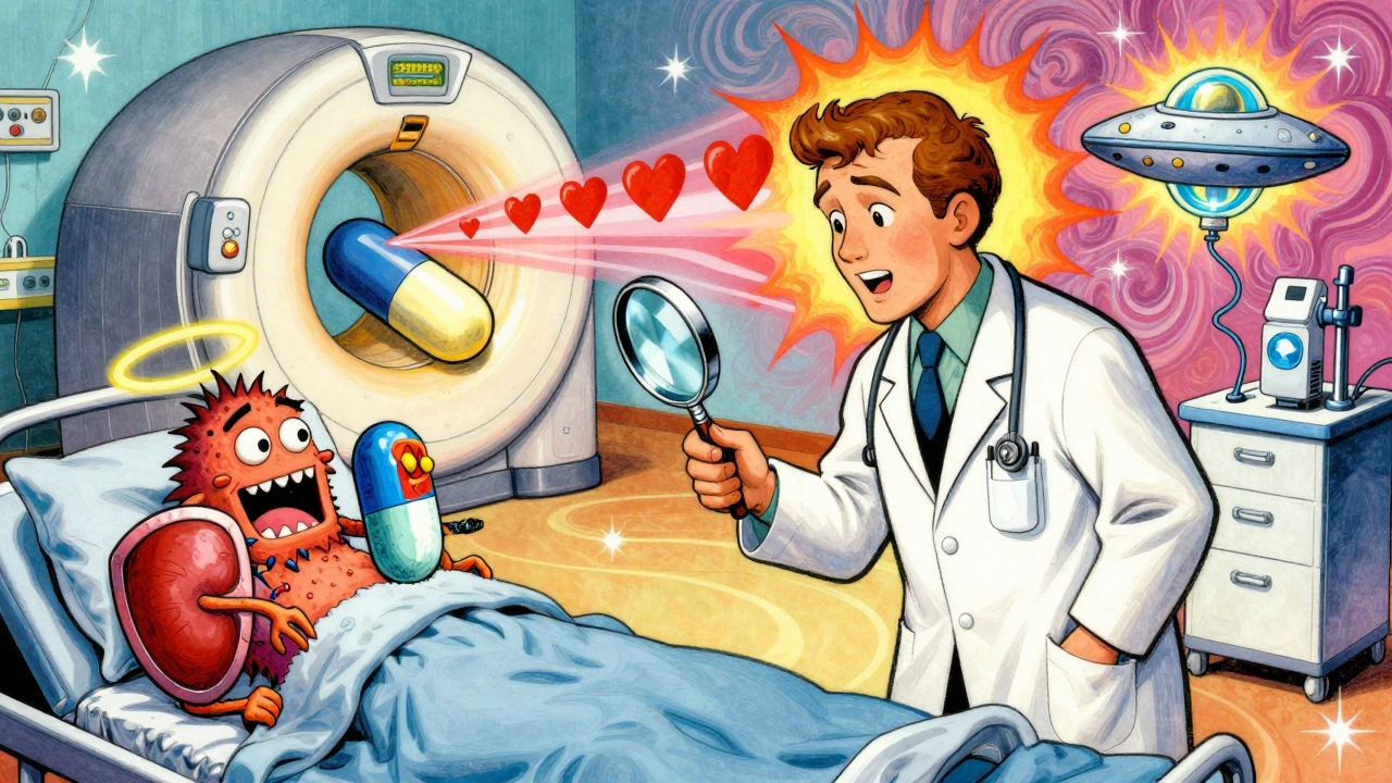 A doctor shows a patient a tiny lactic acidosis monster being defeated by a metformin pill and kidney shield, in psychedelic hospital scene.
