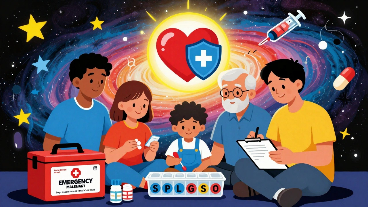 A family gathered around a glowing medical kit with floating medicine symbols