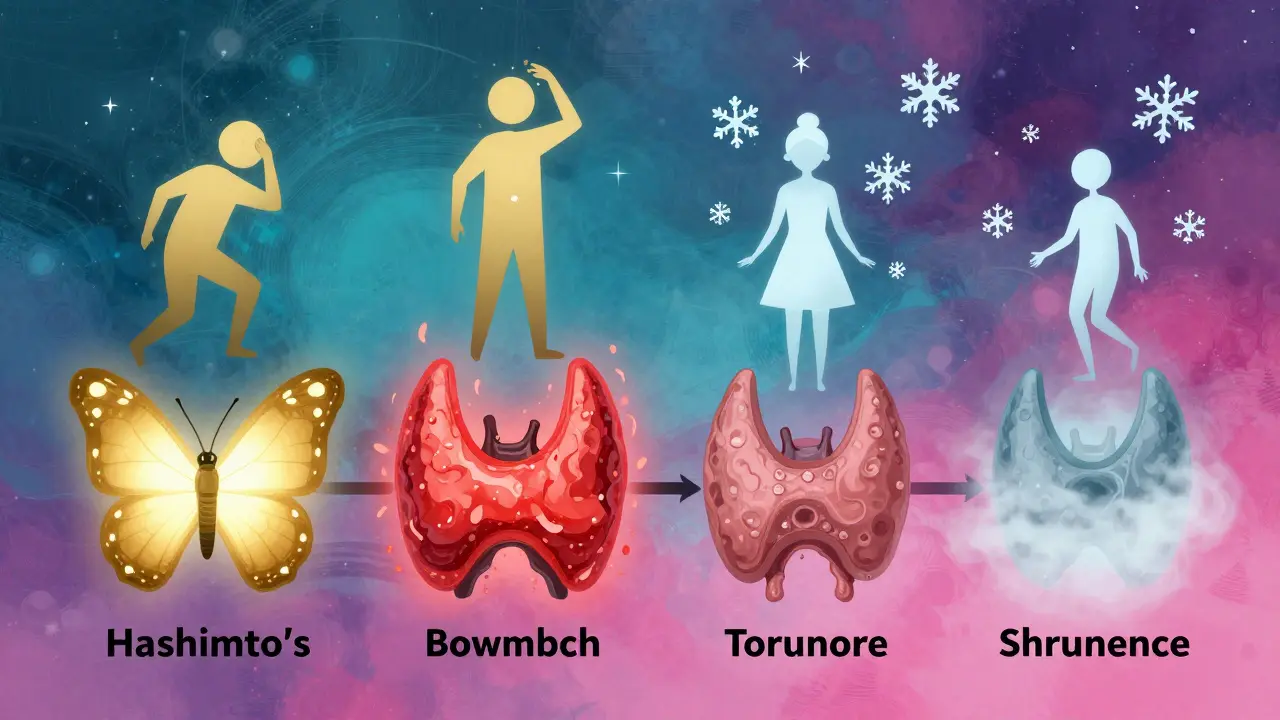 A four-phase timeline of Hashimoto’s disease with abstract symbols of triggers and changes.