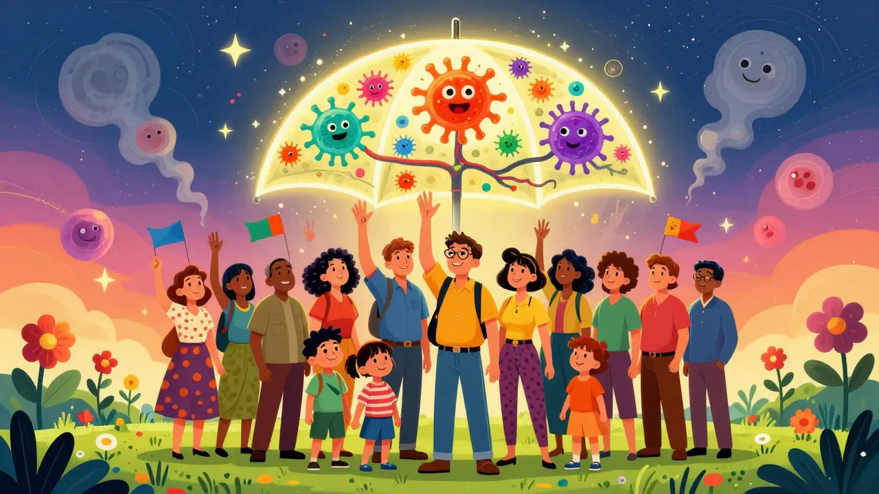 A group of people stand under a glowing immune-system umbrella as molluscum bumps fade into flowers and peace signs.