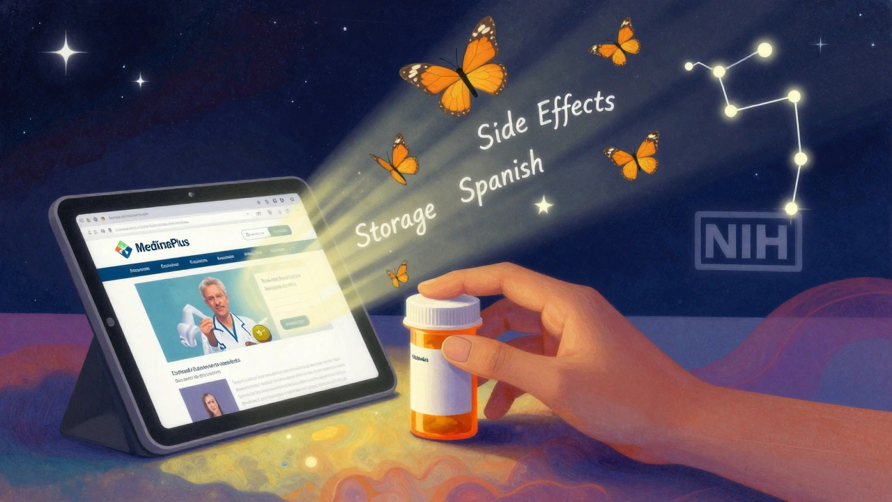 A hand placing a pill bottle beside a glowing screen with text butterflies flying toward a starry NIH logo.
