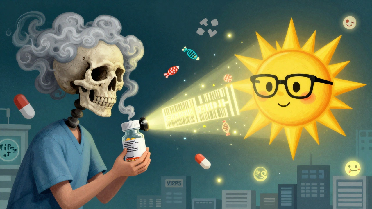 A patient holds a suspicious pill bottle emitting toxic smoke, while UV light reveals hidden security features.