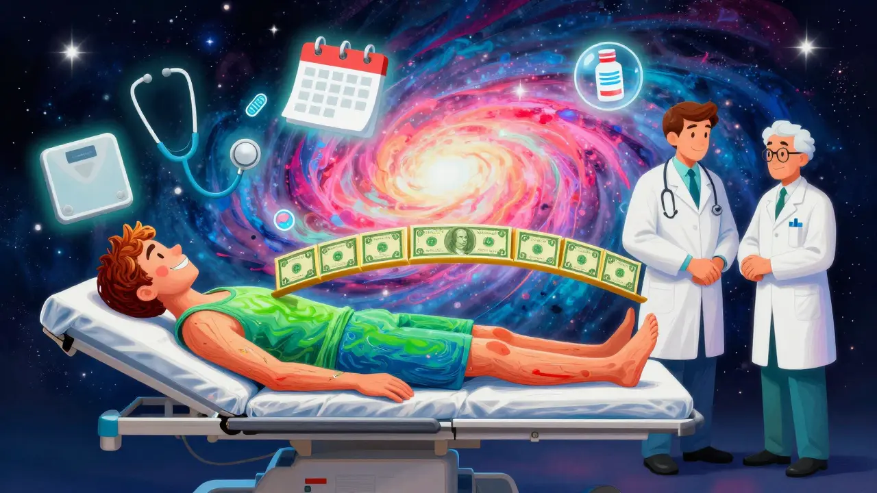 A patient on a bed connected by a golden bridge to a healthy self, with medical icons and therapists guiding the way.