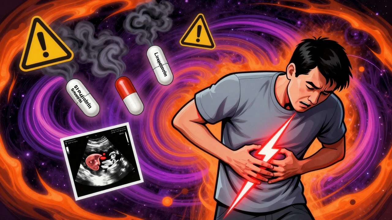 A person clutches their abdomen as red lightning strikes to their back, with floating pills and medical symbols in vibrant swirls.
