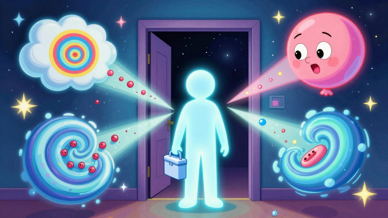 A person holding a protective kit as cartoon side effects dissolve in psychedelic light