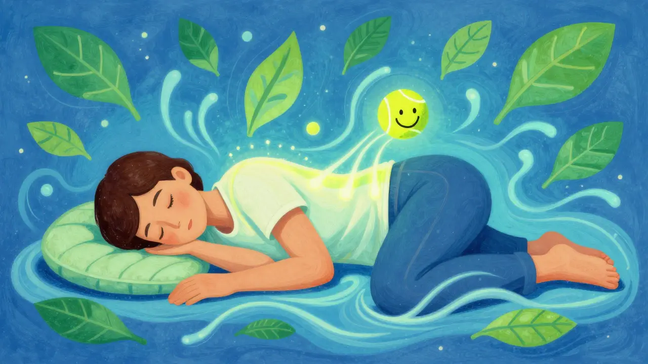 A person sleeping on their side with a glowing airway and a smiling tennis ball gently nudging their back.