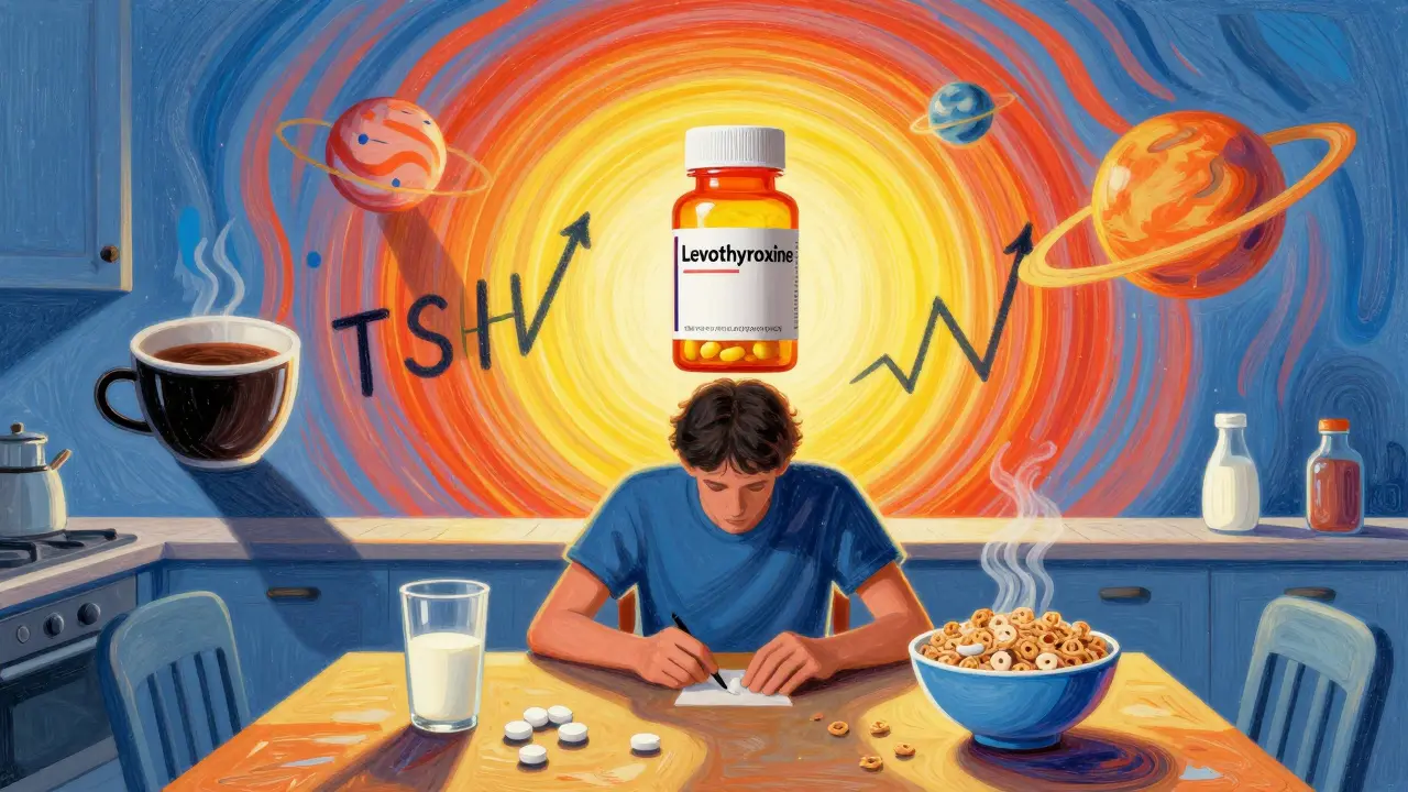 A person surrounded by food and supplements orbiting a floating thyroid pill with TSH graphs.