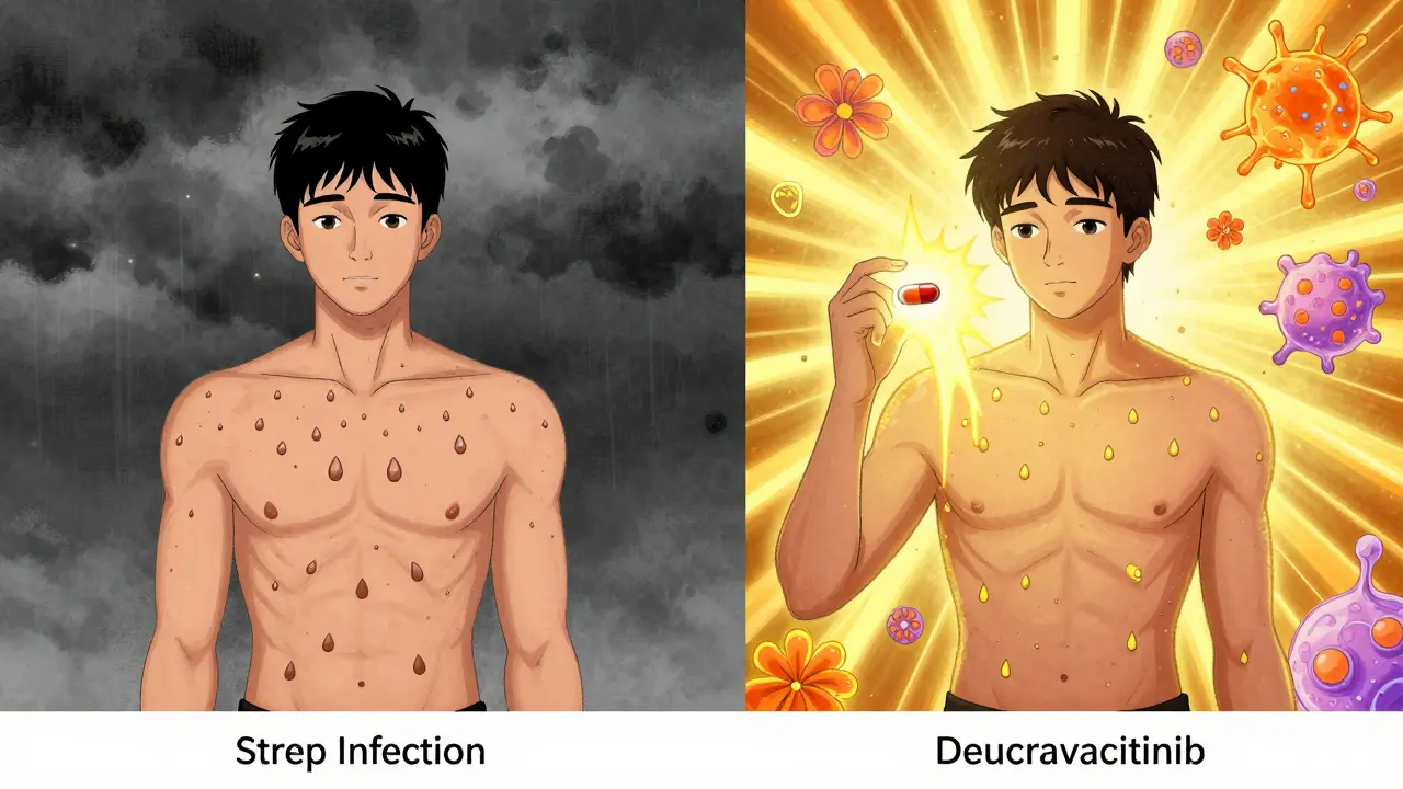 A person transformed from guttate psoriasis spots to clear skin, holding a glowing pill as golden rays dissolve the rash.