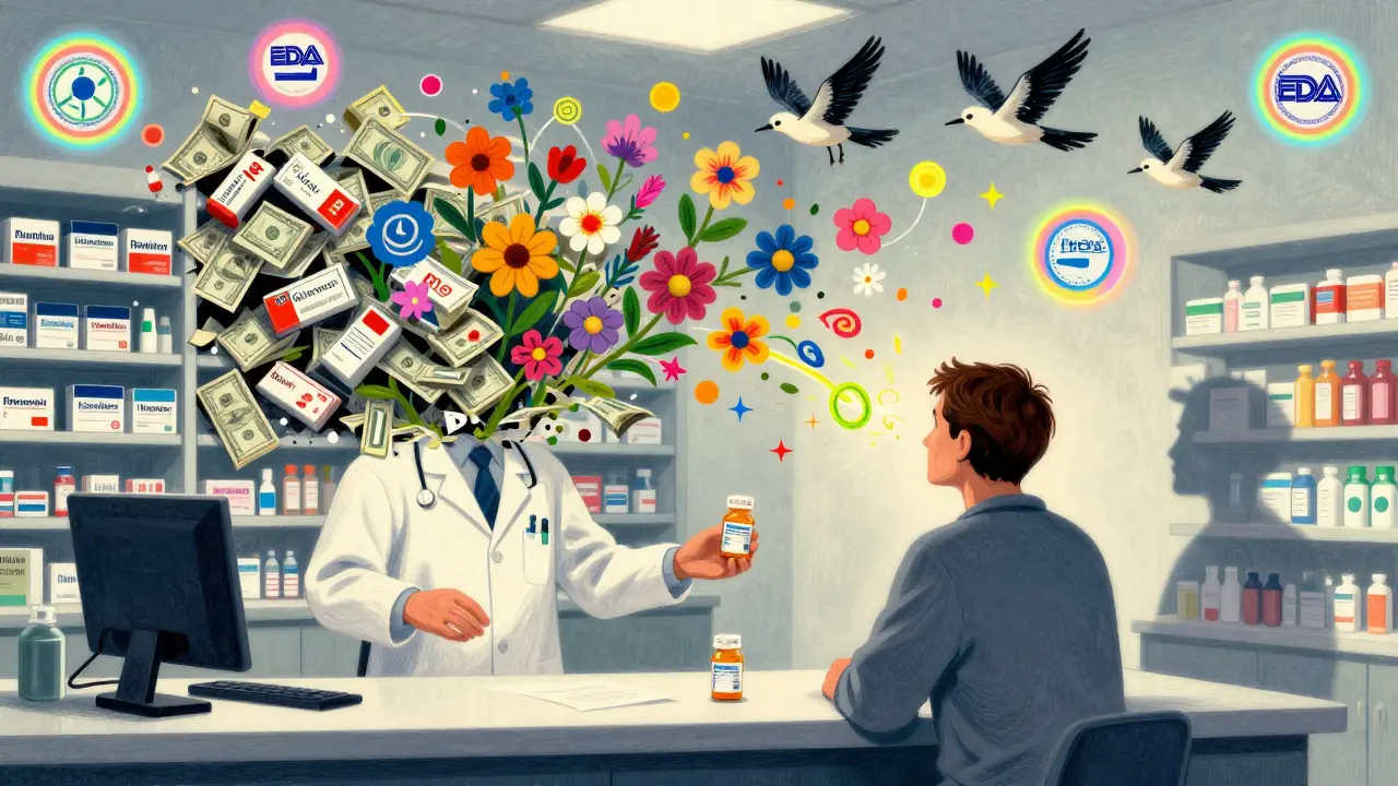 A pharmacist giving a small generic pill as brand-name drug boxes collapse into flowers and birds, with vibrant psychedelic patterns.
