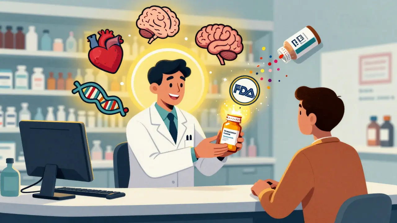 A pharmacist handing a generic pill bottle while medical icons float in golden light above them.