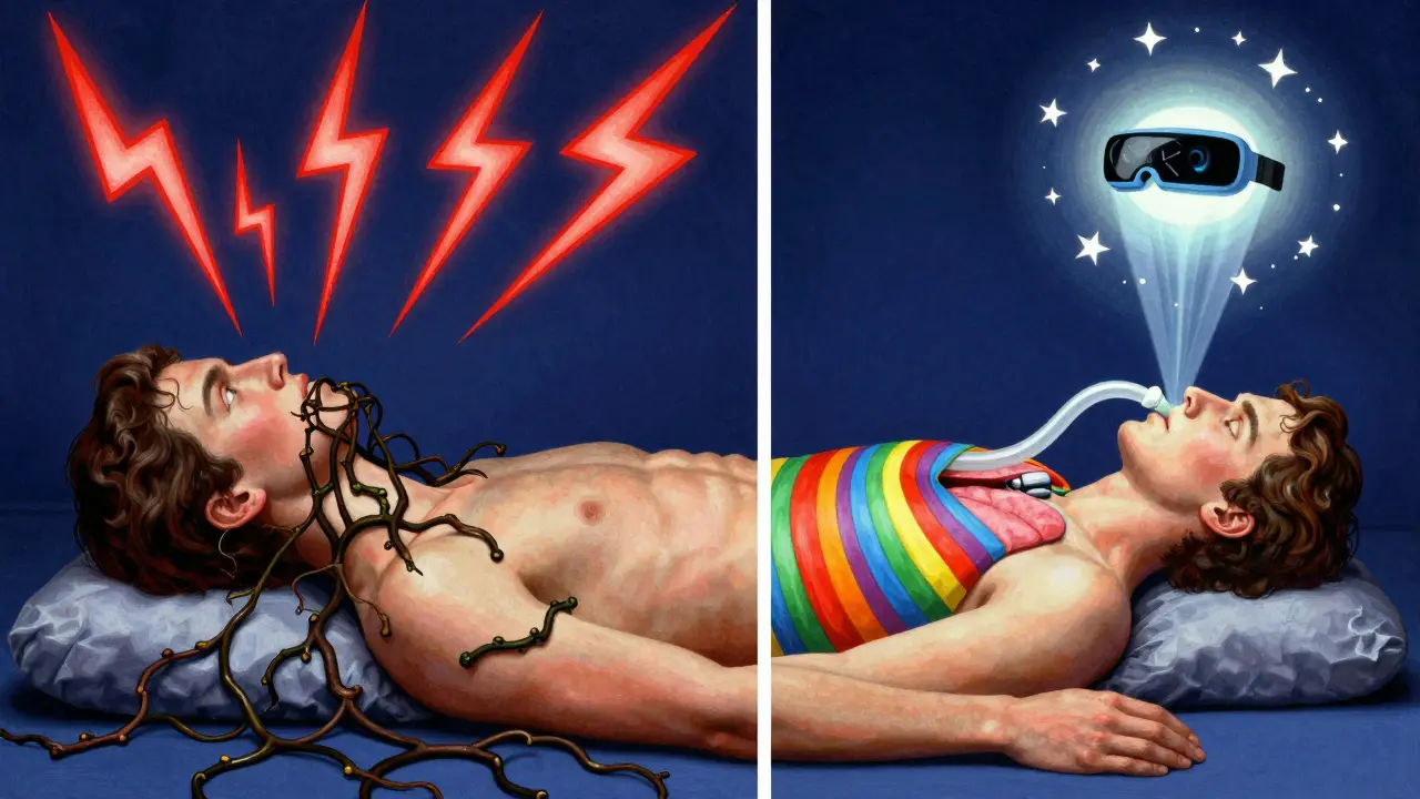 A psychedelic split image showing blocked airway on left and open airway on right with healing light.