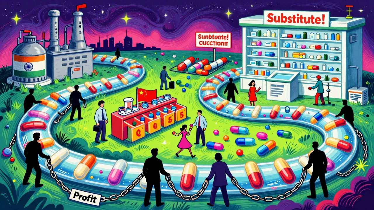 A river of pills flowing across countries, with shadowy figures trying to stop the flow.