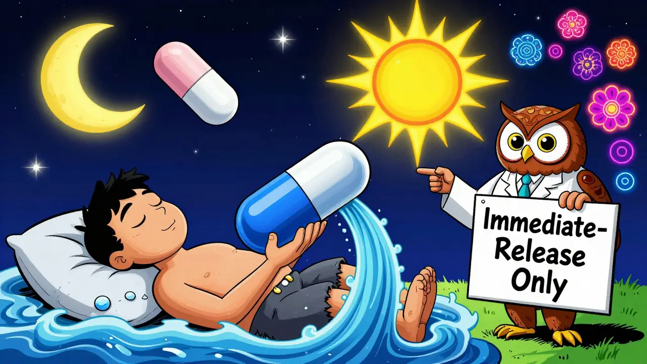 A split-body figure shows one side asleep under stars with a melatonin pill, the other awake under sun with a leaking time-released capsule.