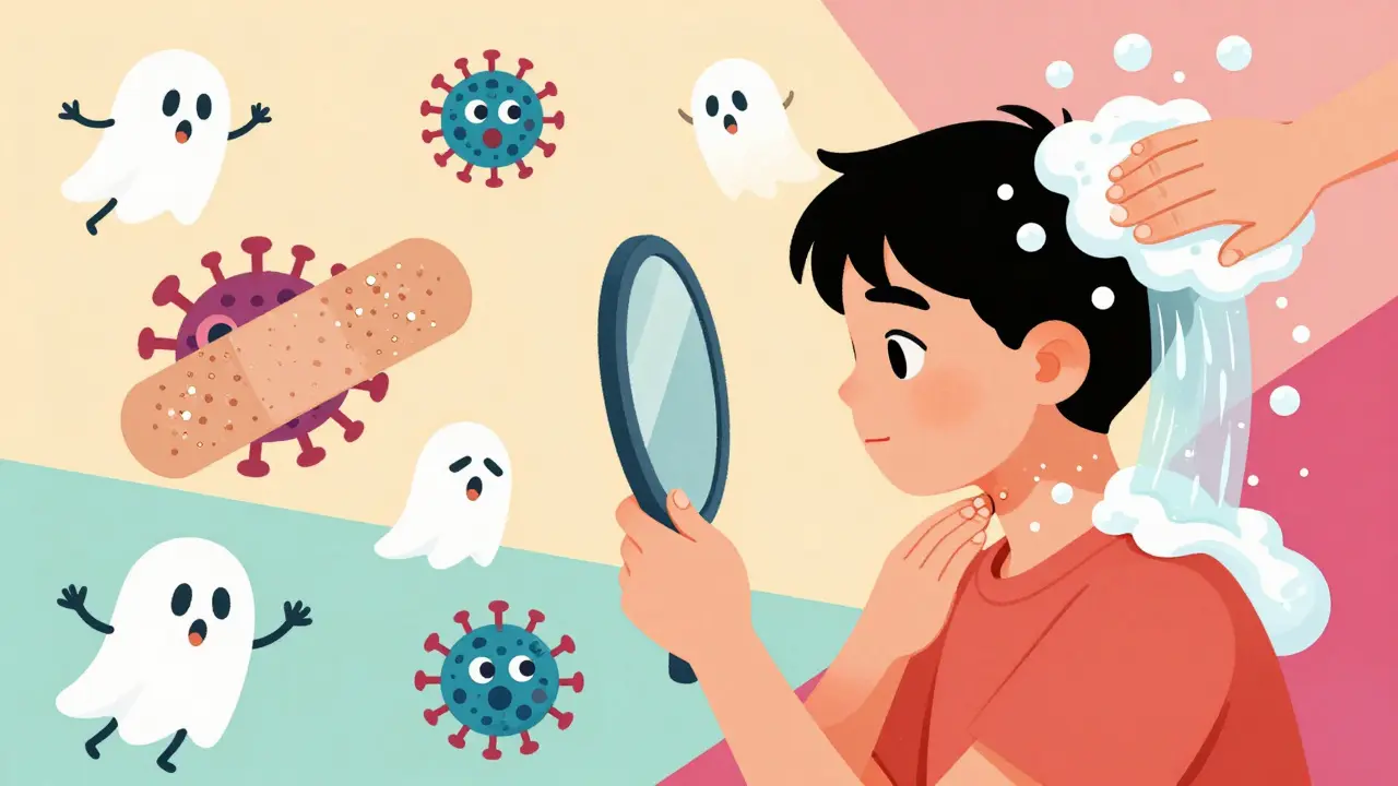 A teenager examines bumps in a mirror while cartoonish viruses are blocked by a glittery bandage and soap bubbles.