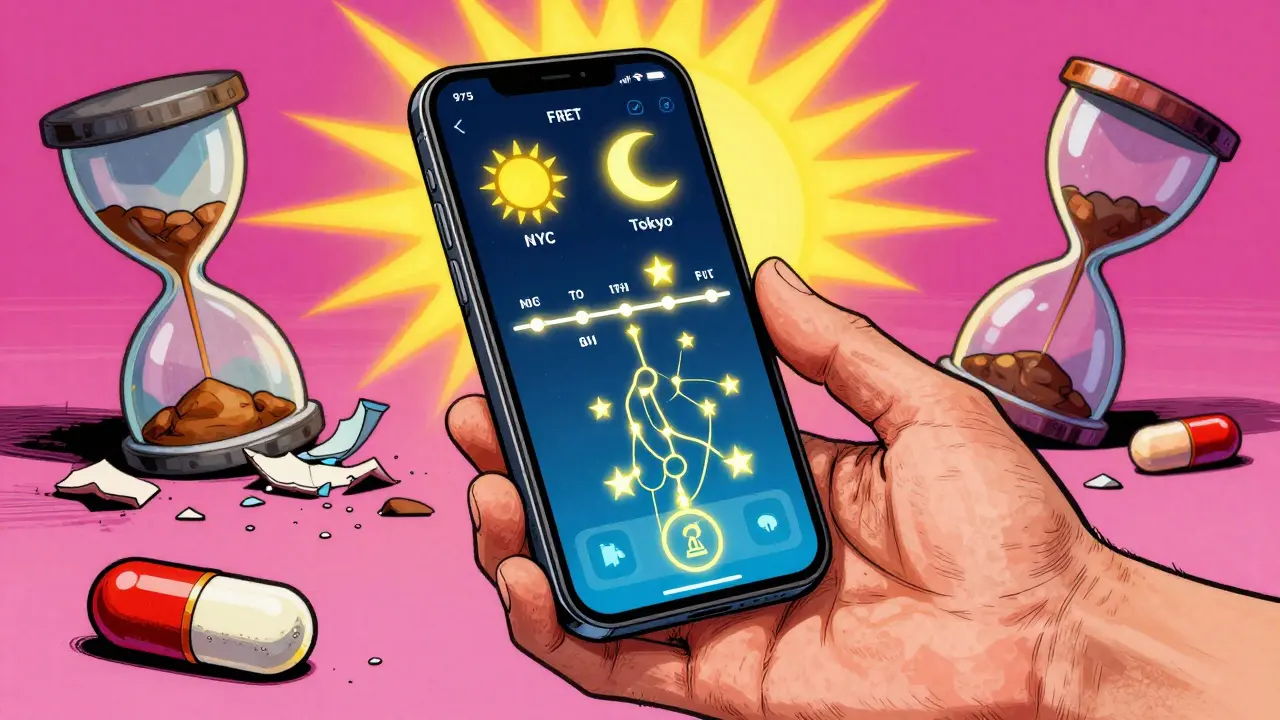 A traveler views a glowing app timeline syncing sunlight and moonlight to their flight path, with discarded slow-release capsules fading away.