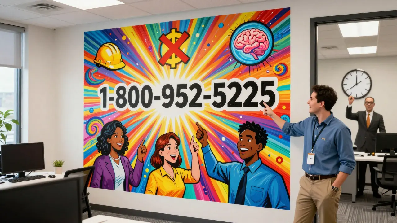 A vibrant workplace poster displays a whistleblower hotline with icons of safety, fraud, and AI, under swirling rainbow colors.