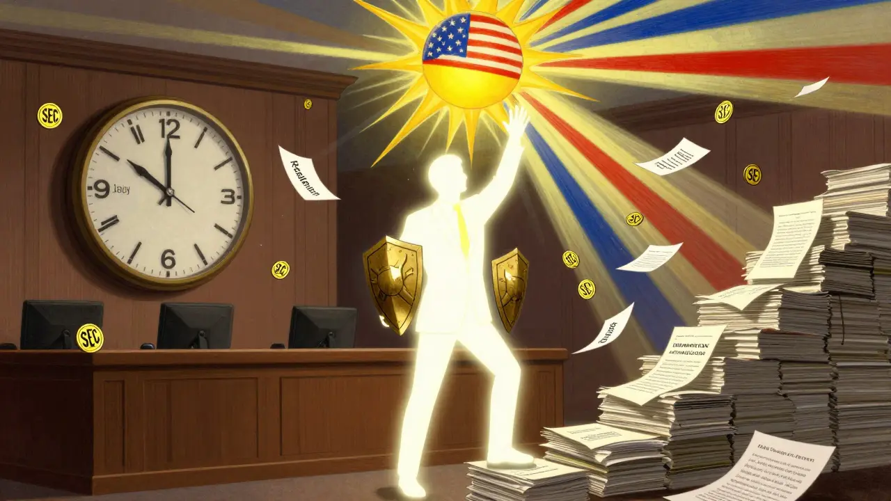 A whistleblower ascends a staircase of legal documents as shields block retaliation, with golden reward coins falling from above.