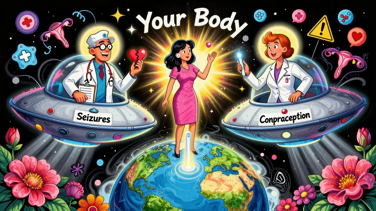 A woman between two doctors on UFOs, reaching for a glowing IUD as broken pills float around her in vibrant psychedelic scene.