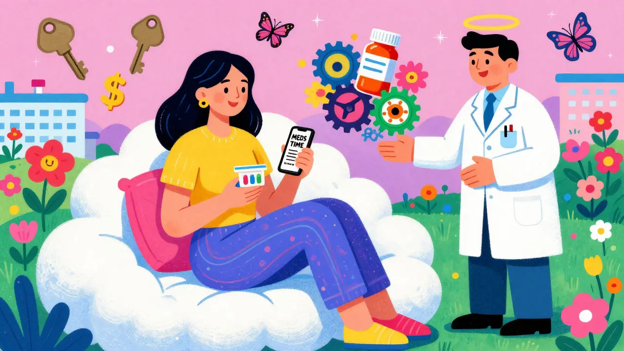 A woman holding a pill box with a friendly pharmacist nearby, surrounded by floating symbols of support and hope.